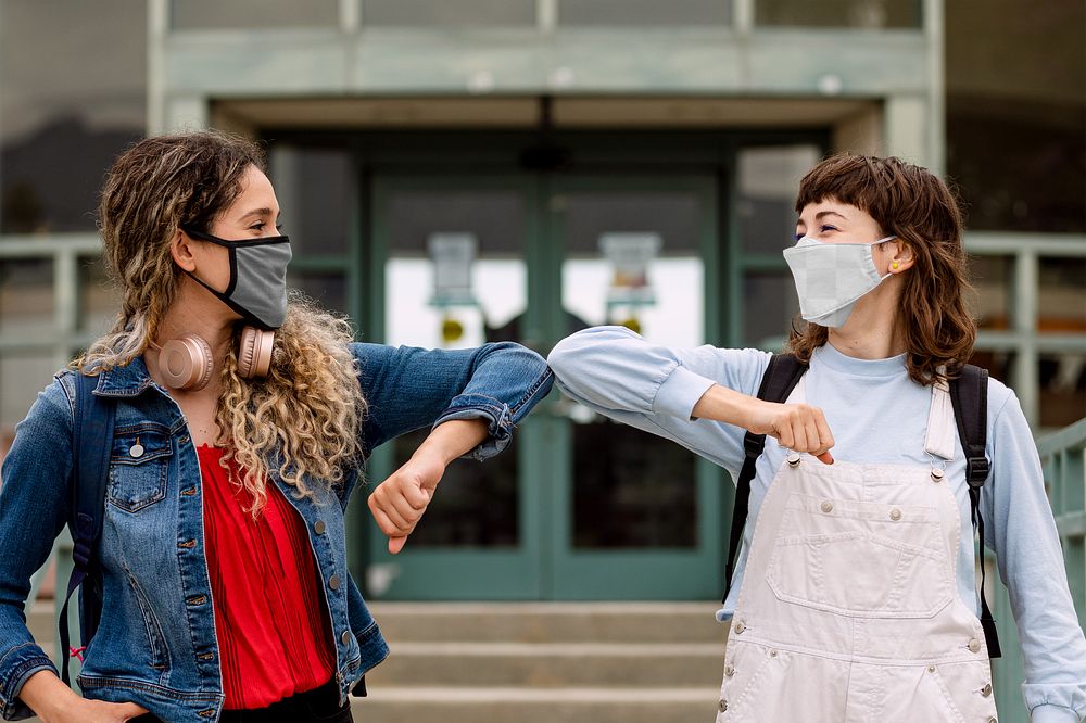 Png face mask transparent mockup, students greeting at school in the new normal
