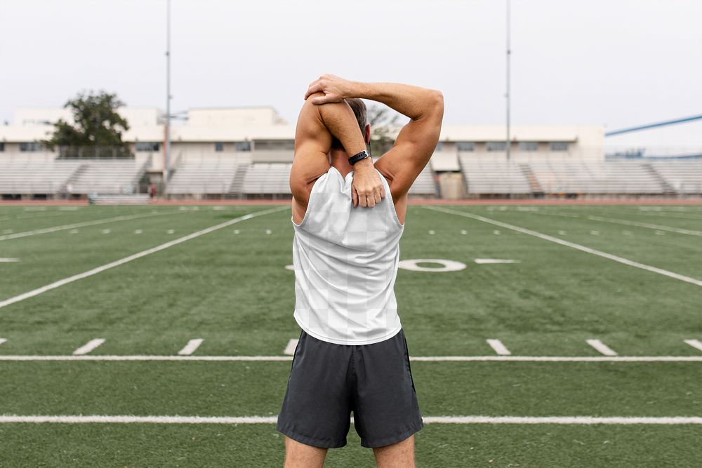 Sports top png mockup on a man warming up by stretching before exercise