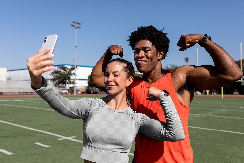 Tops mockups png on male and female athletes flexing and taking a selfie