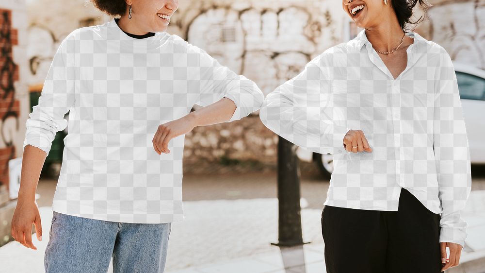 Shirt and t-shirt mockup png on friends doing elbow bumps 