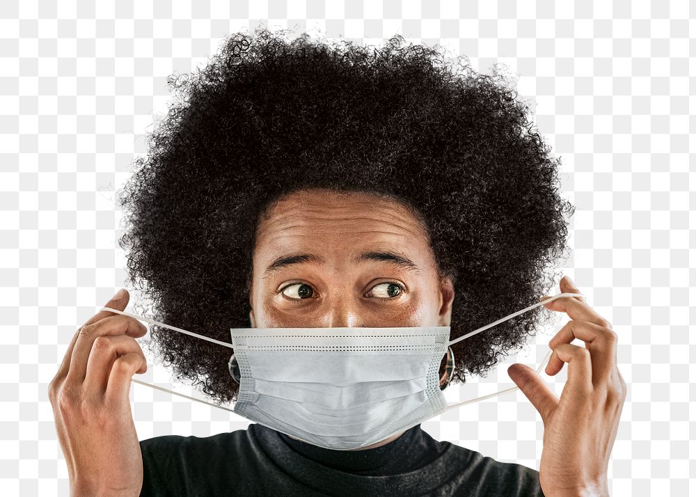 Woman putting on face mask on transparent background