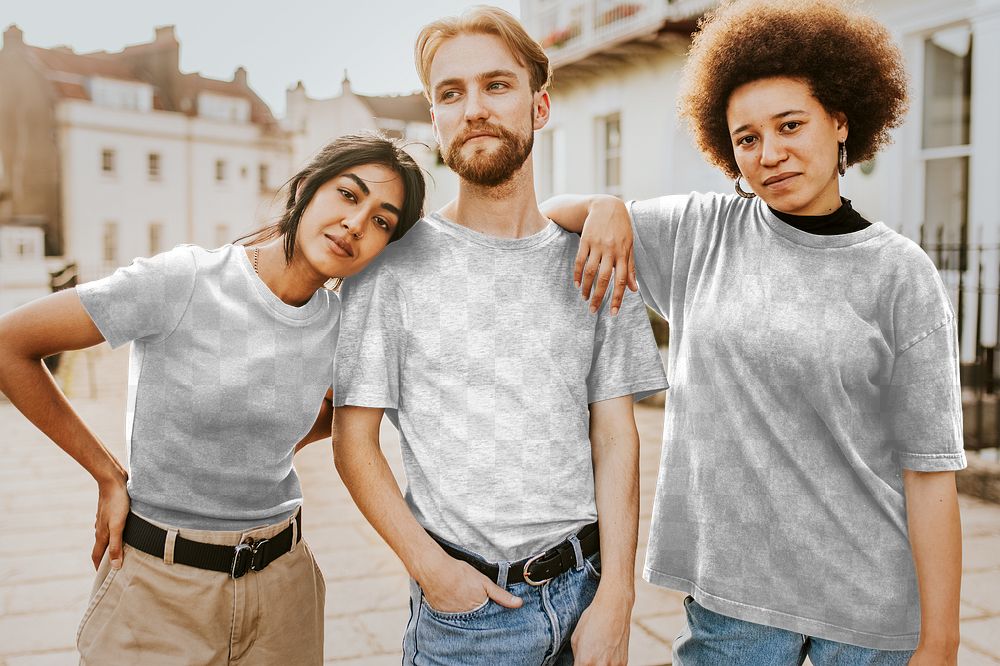 T-shirt mockups png with three diverse friend models