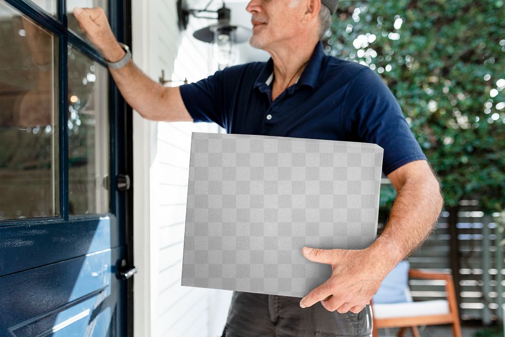 Parcel box png mockup, package delivery man at the doorstep
