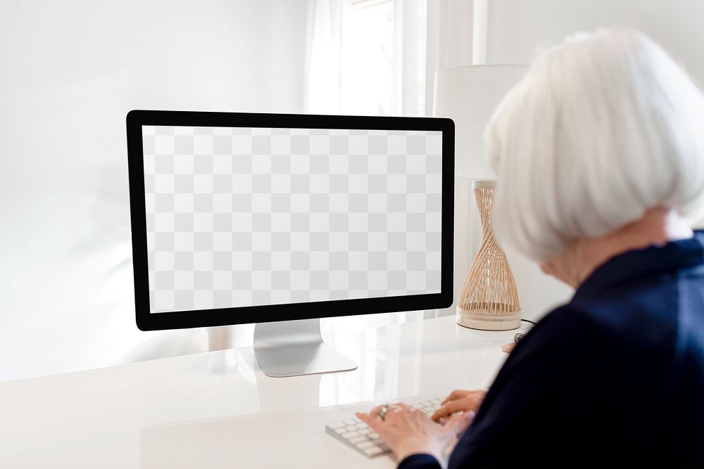 Computer screen png mockup, transparent display with senior woman typing