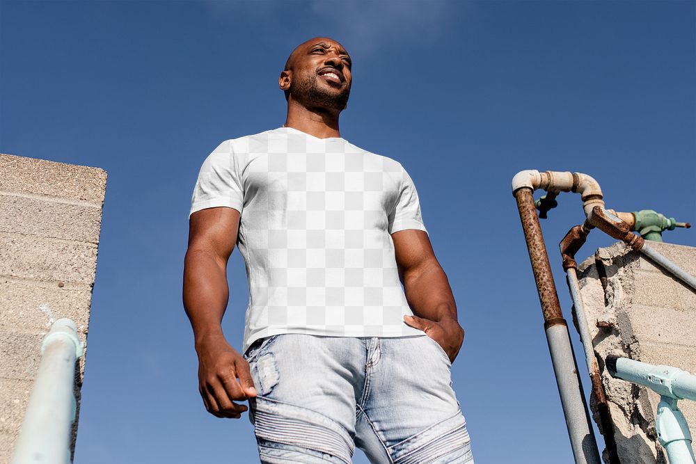 Transparent png shirt mockup, confident African American man posing