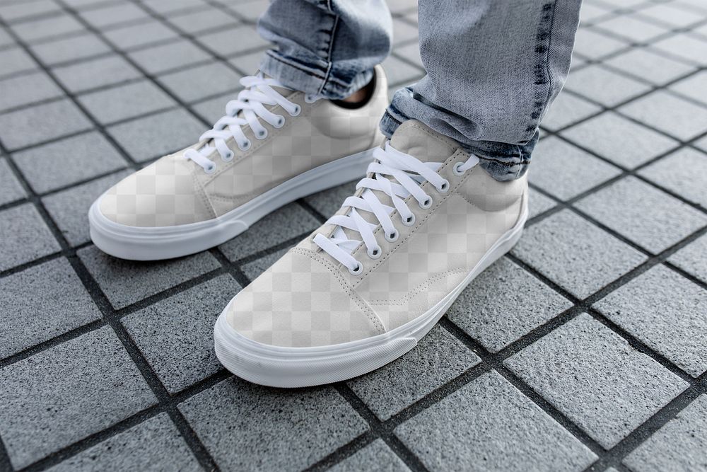 Footwear png mockup, transparent men's casual sneaker on a grey tiled floor