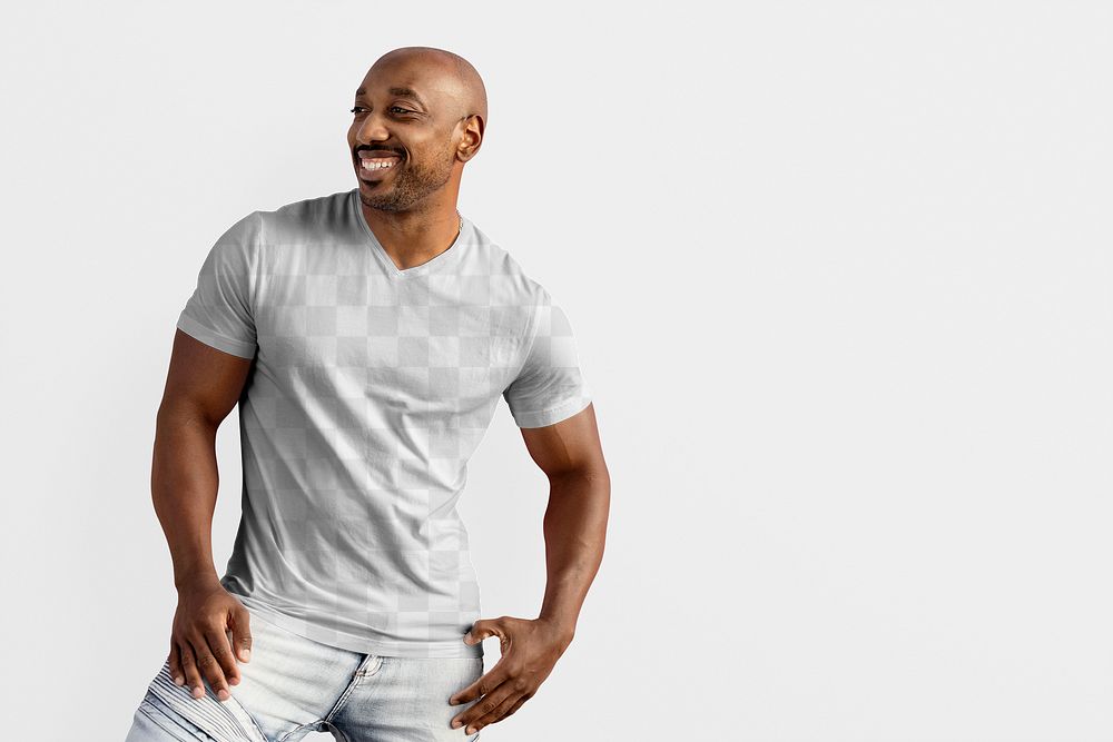 Transparent tee png mockup, editable tshirt design on African American man