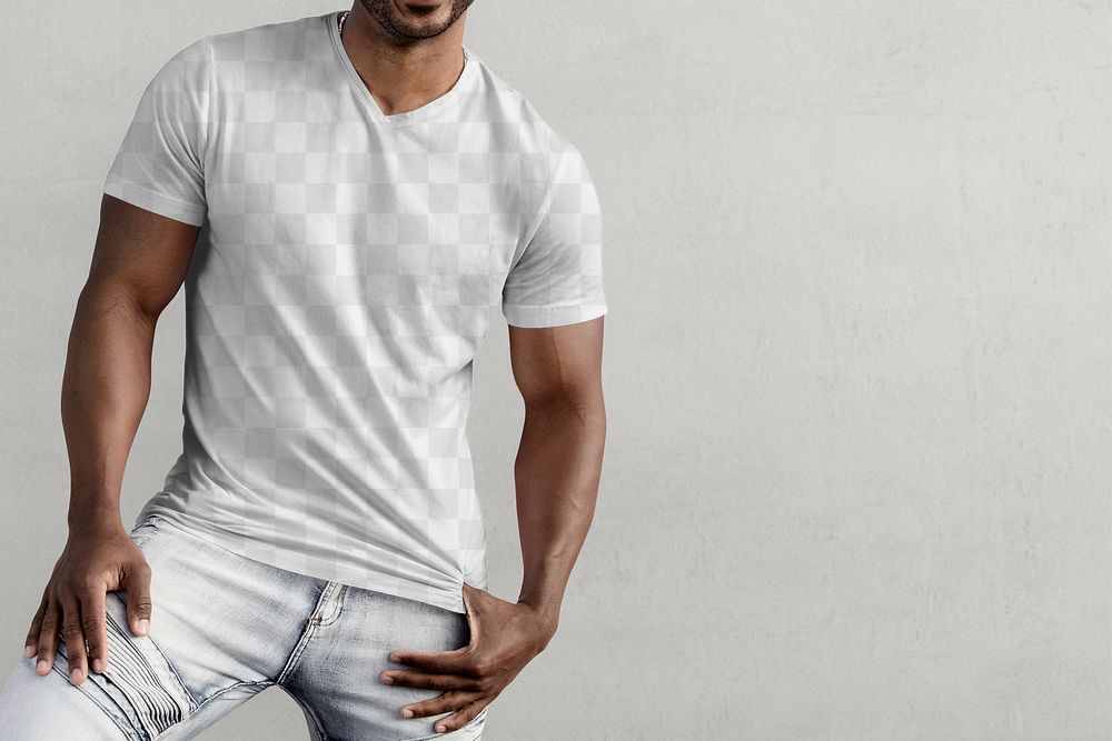 Transparent casual tshirt mockup, png apparel design on a confident man