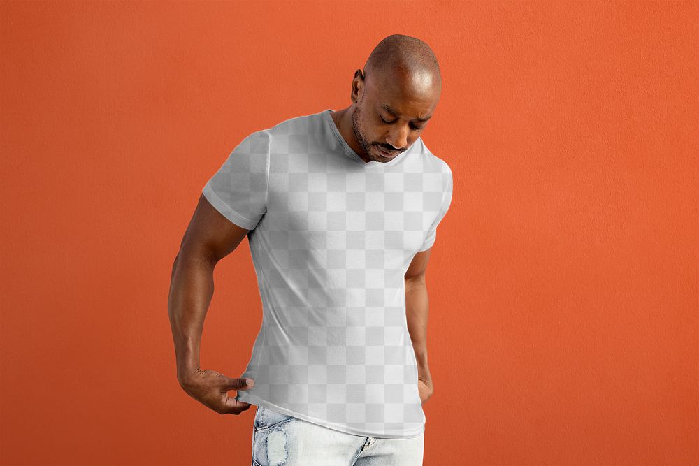 Transparent png tee mockup, editable tshirt design on African American man
