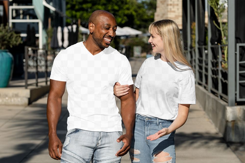Plain shirt png mockup, transparent apparel design, couple enjoying dating in the city