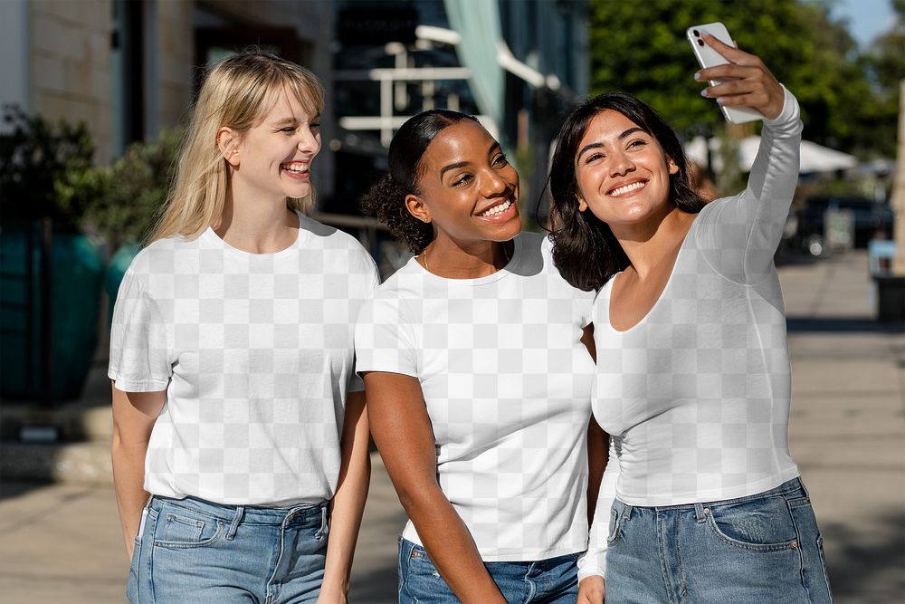 Casual apparel mockup png, transparent tshirts, mixed race girlfriends taking a selfie