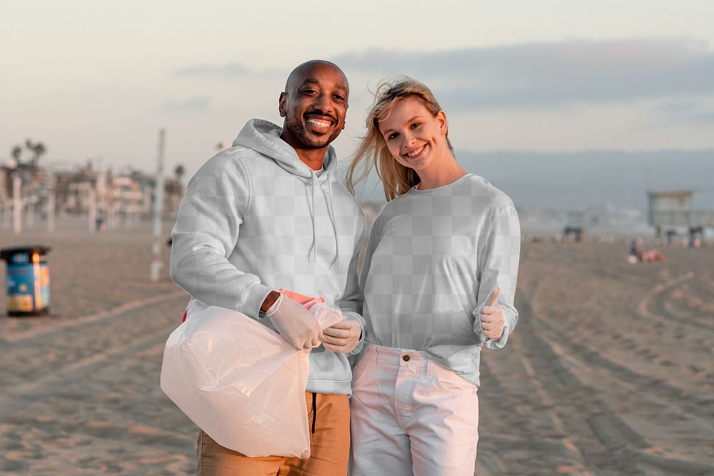 Volunteer clothes mockup png, couple pick up trash on the beach