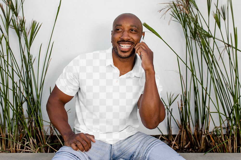 Transparent polo shirt mockup, png apparel worn by happy man on a phone call