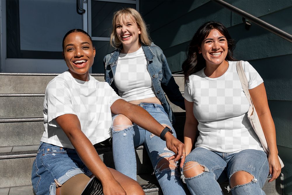 Tshirt png mockups, diverse girlfriends in an inclusive community