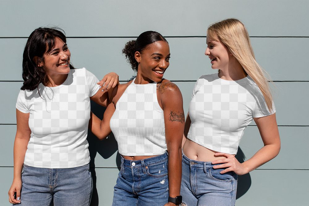 Casual apparel mockup png, transparent tshirt & crop top, three mixed race girlfriends