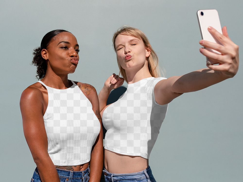 Tank top png mockup, summer clothes in transparent design, best friends taking a selfie