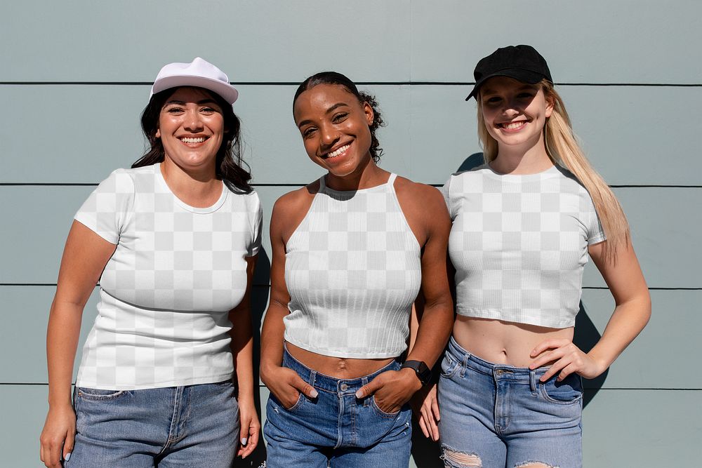 Casual apparel mockup png, transparent tshirt & tank top, three mixed race girlfriends