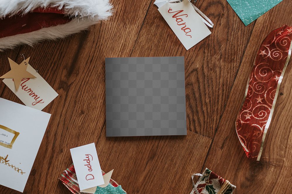 Christmas card png mockup, on wooden floor, festive stationery