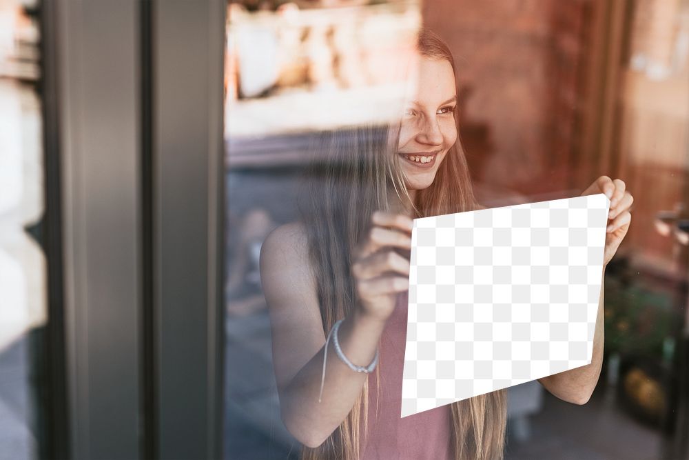 Sign png mockup, girl showing paper through glass window