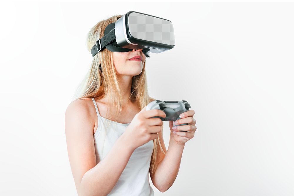 VR headset png mockup, girl playing game, entertainment technology