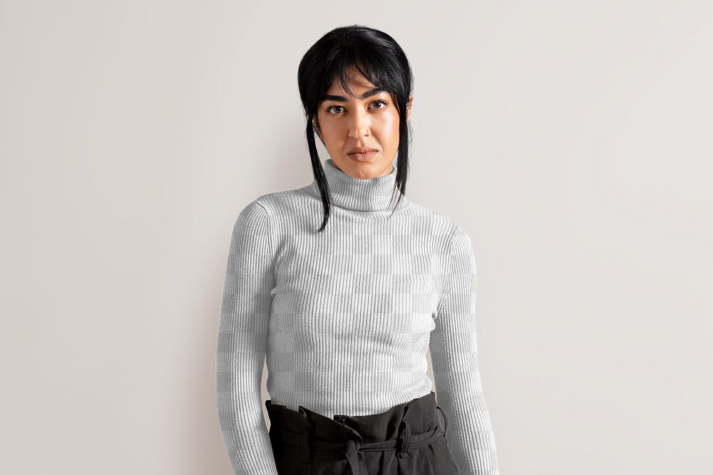 PNG women's turtleneck sweater mockup transparent, autumn apparel fashion design