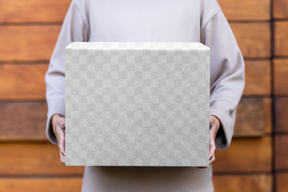 Box mockup png, woman carrying delivery package
