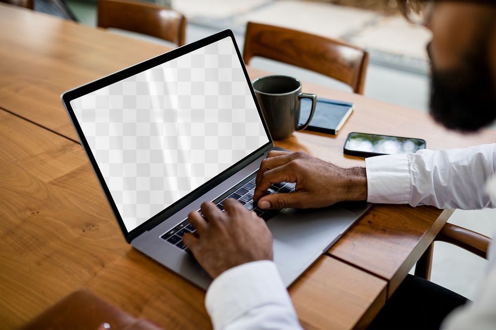 Laptop screen png mockup, man working from home