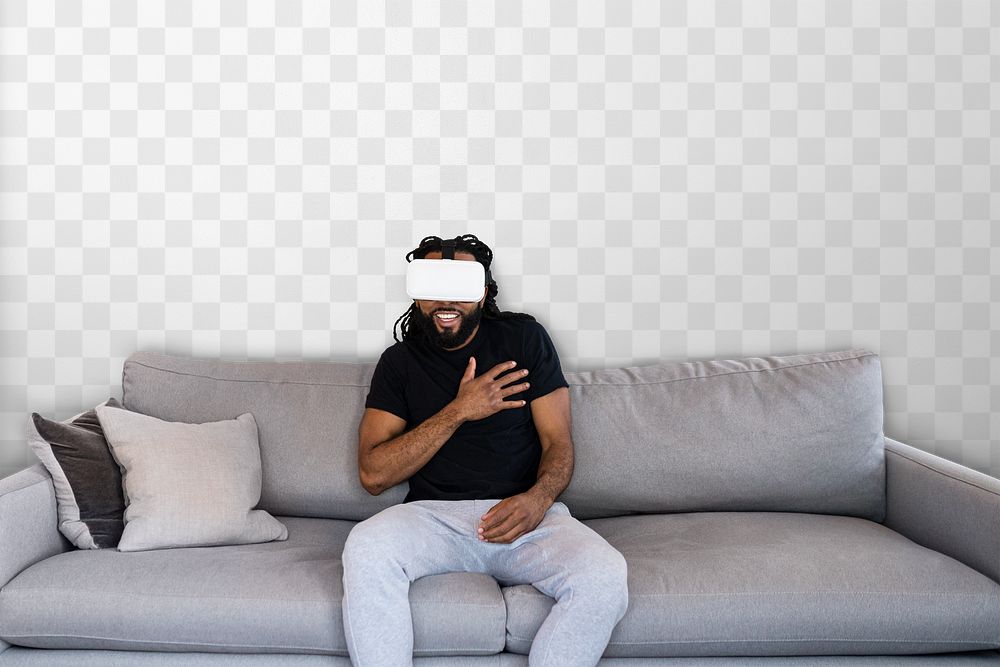 Wall mockup png, man with virtual reality headset on the sofa
