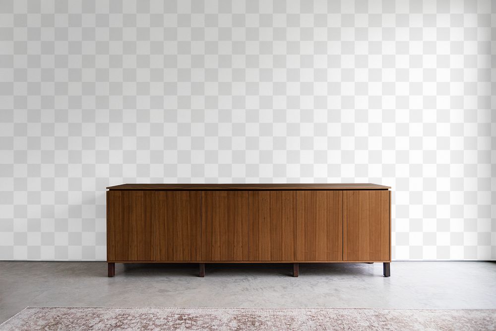 Wall mockup png, wooden sideboard and concrete floor interior