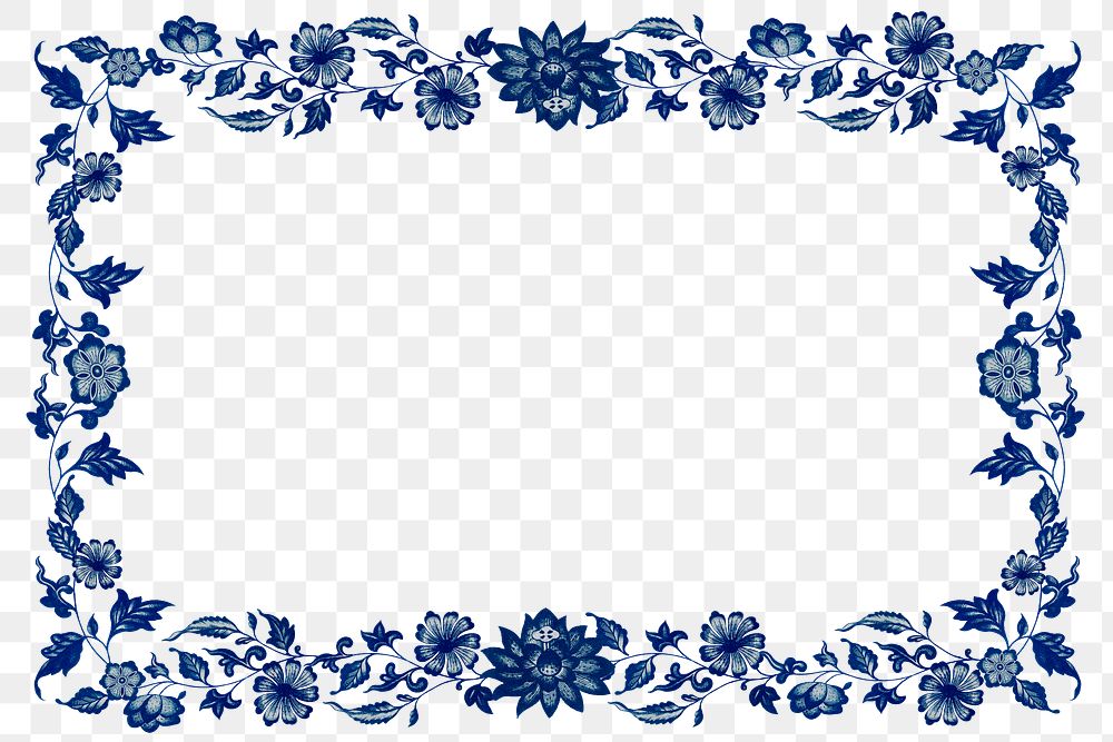Blue flower frame png, vintage Chinese art on transparent background
