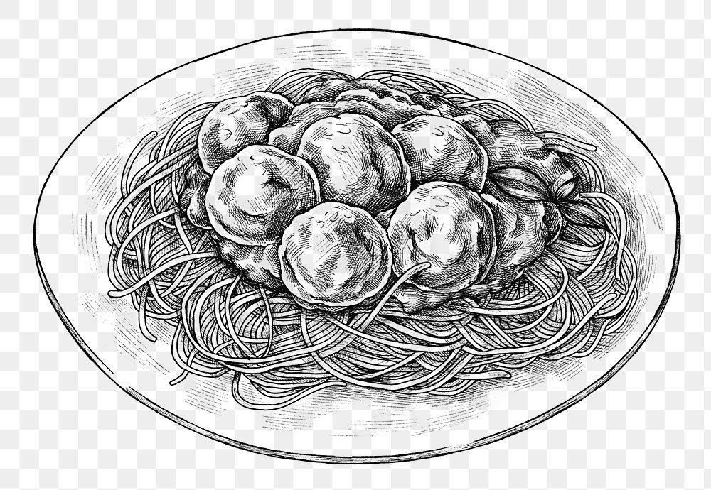 Hand drawn dish of spaghetti with meatballs transparent png