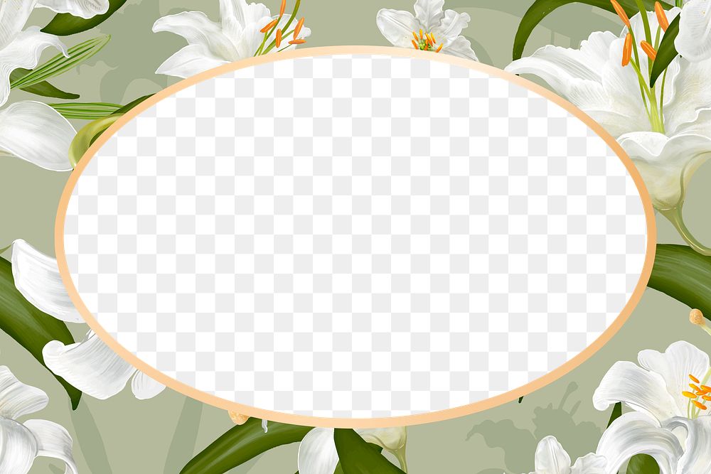 Gold oval white lily flower frame design element