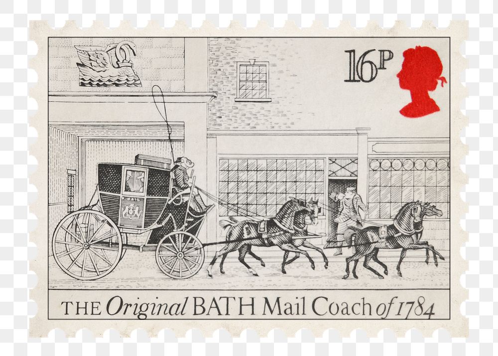 Vintage UK stamp png with Bath mail coach of 1784, transparent background collage sticker