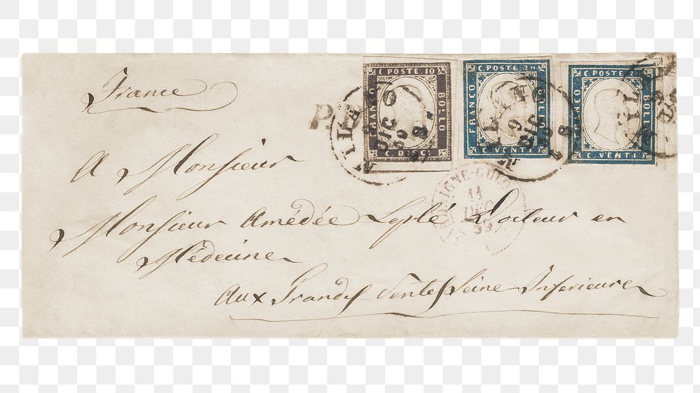 Vintage envelope png with postmark and stamps, transparent background