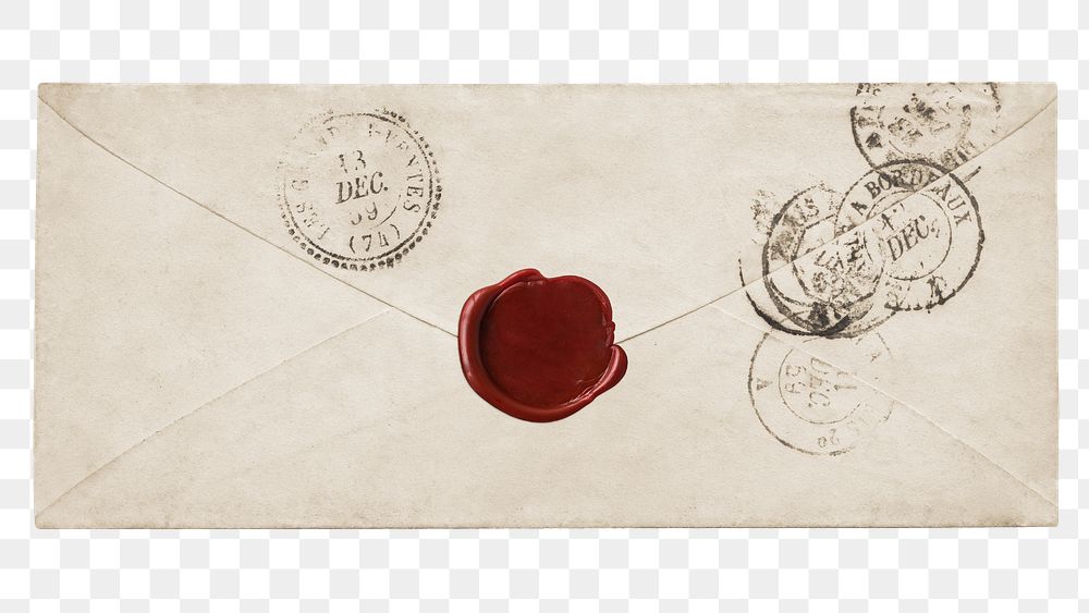 Vintage envelope png, collage element with red wax seal, transparent background