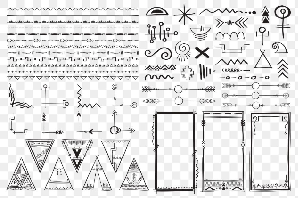 Png hand drawn doodle ornamental bohemian style set