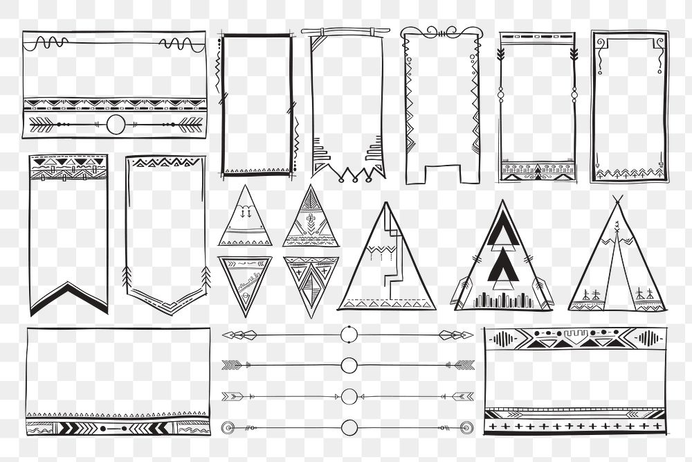 Png doodle hand drawn ornamental bohemian style set