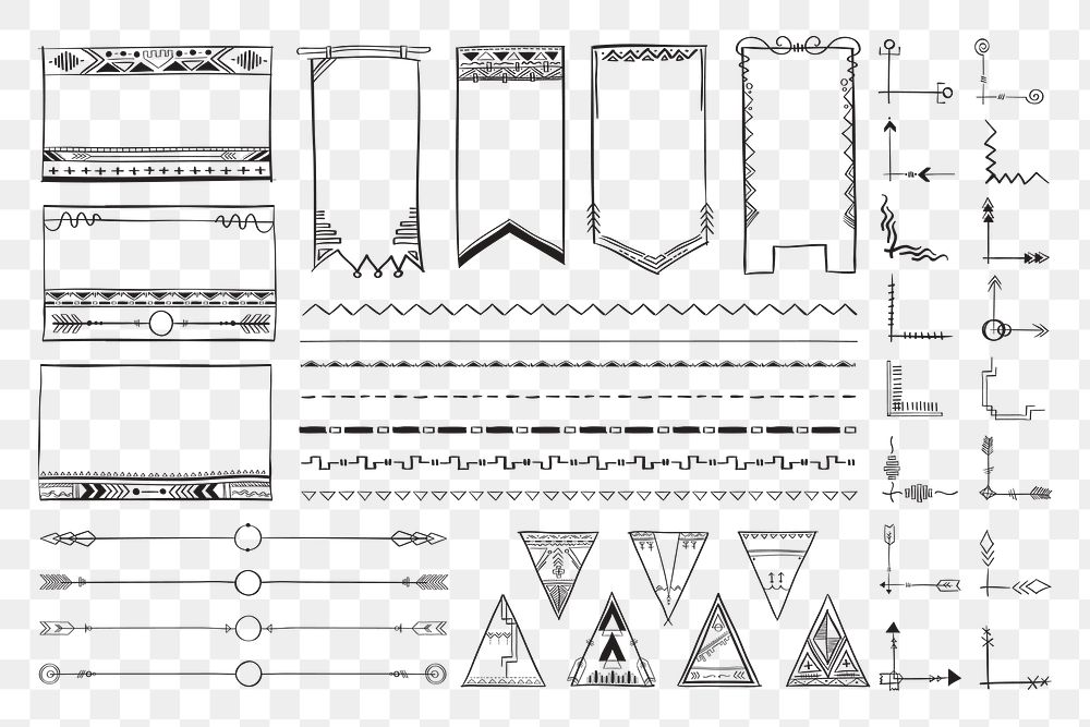 Png hand drawn doodle ornamental bohemian style set