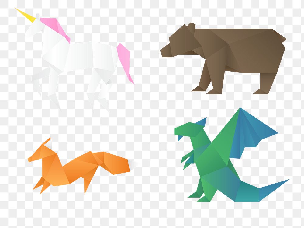 Origami animals paper polygon png illustration set