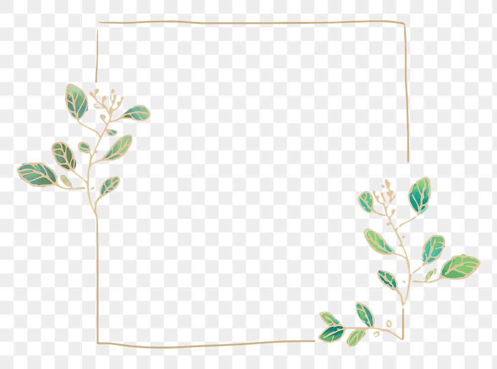 Gold square frame png sticker, green gradient botanical illustration