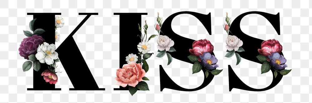 Floral kiss word typography design element