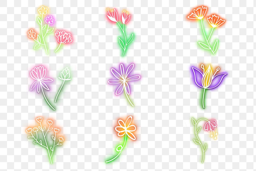 Neon flowers png doodle summer floral mixed