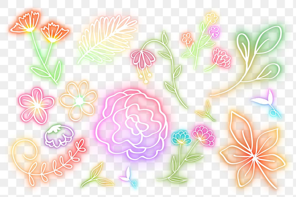 Neon flowers png doodle summer floral collection