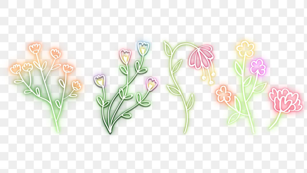 Blooming flowers neon sign png doodle hand drawn collection
