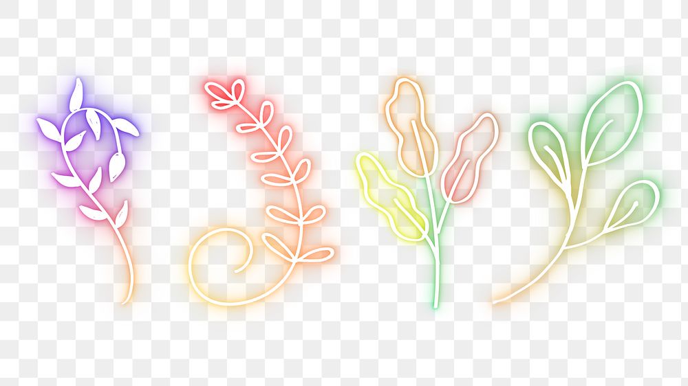 Glowing colorful neon flowers png hand drawn set