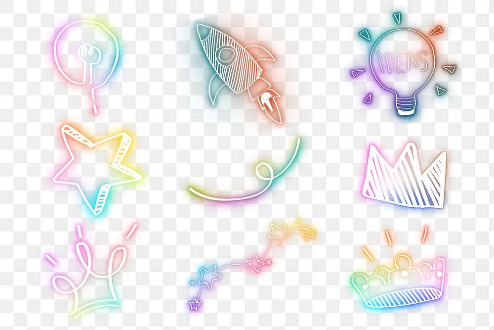 Png rainbow doodle glow neon icon element set