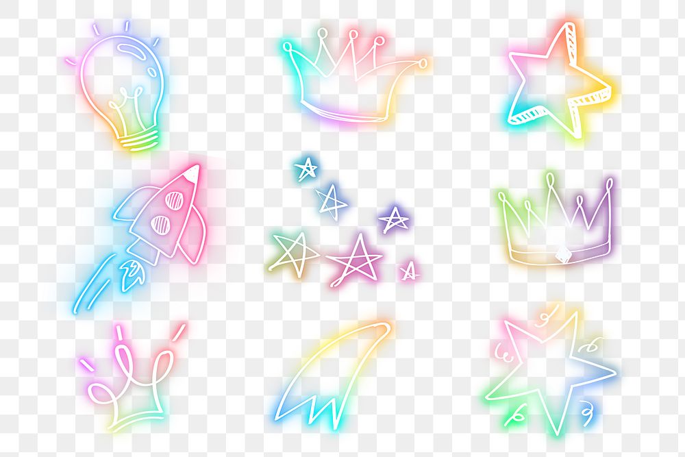 Png colorful doodle glow neon icon element set