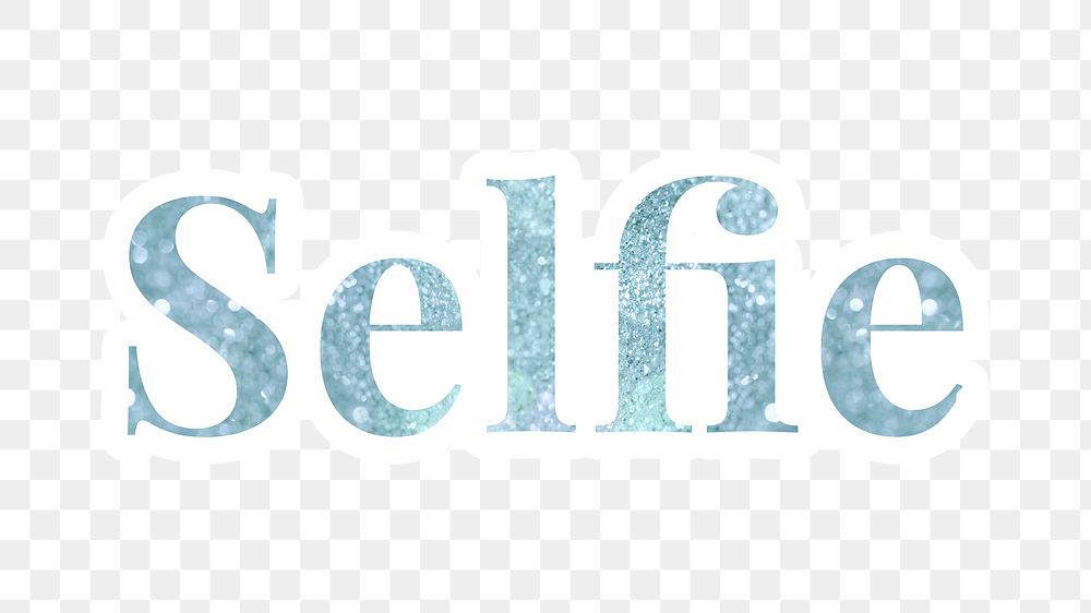 Selfie glitter typography sticker with a white border design element