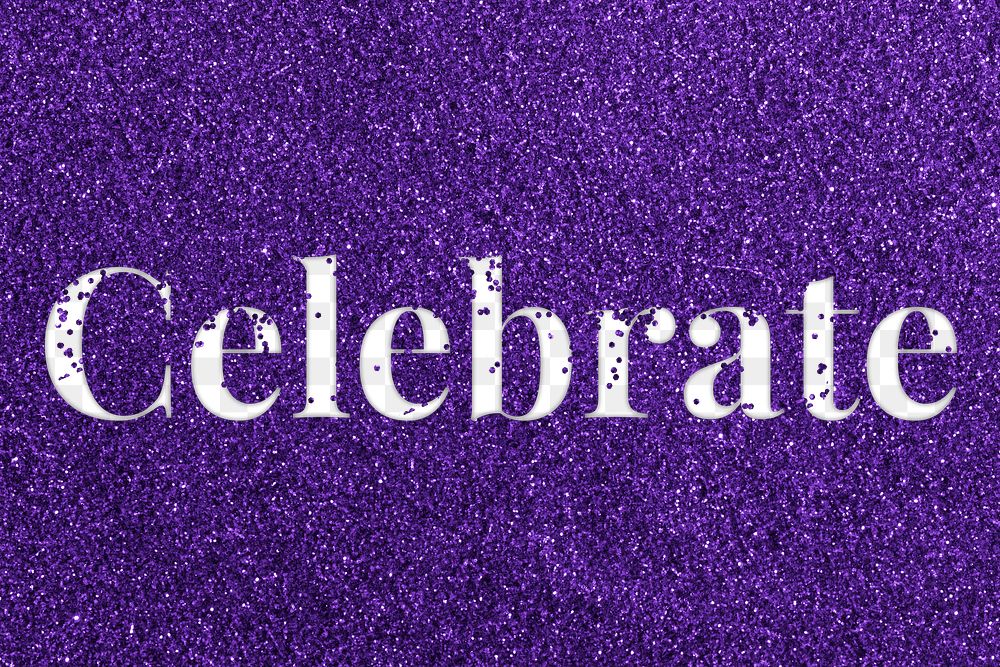 Celebrate glittery purple text typography png word