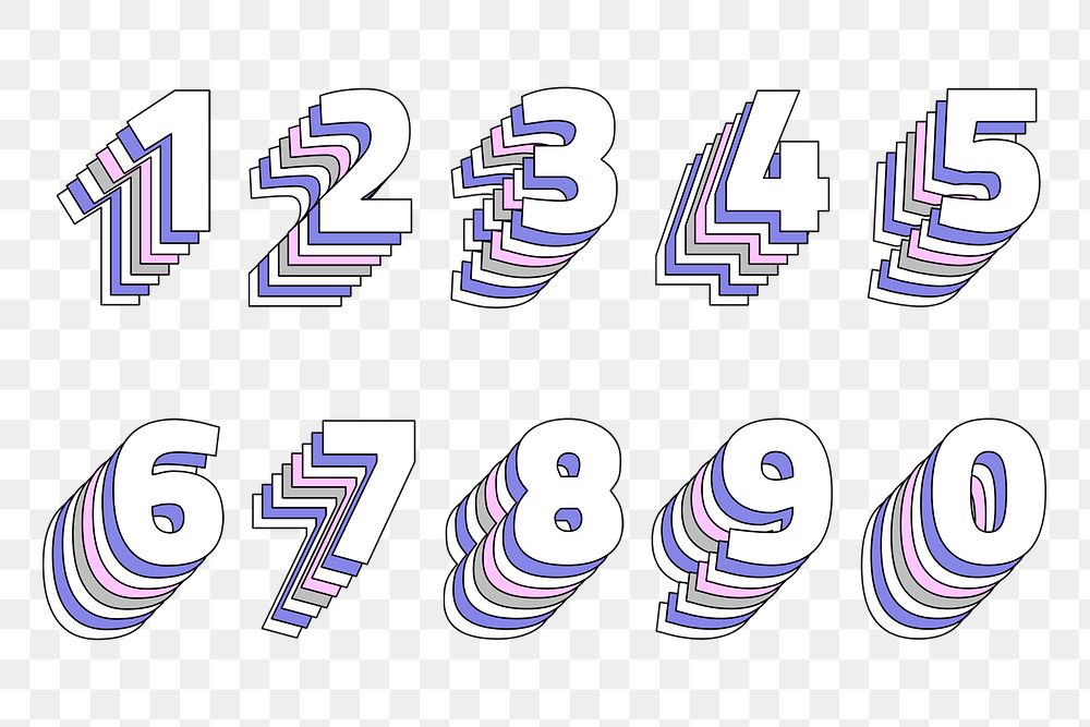 Layered number set png pastel stylized typography